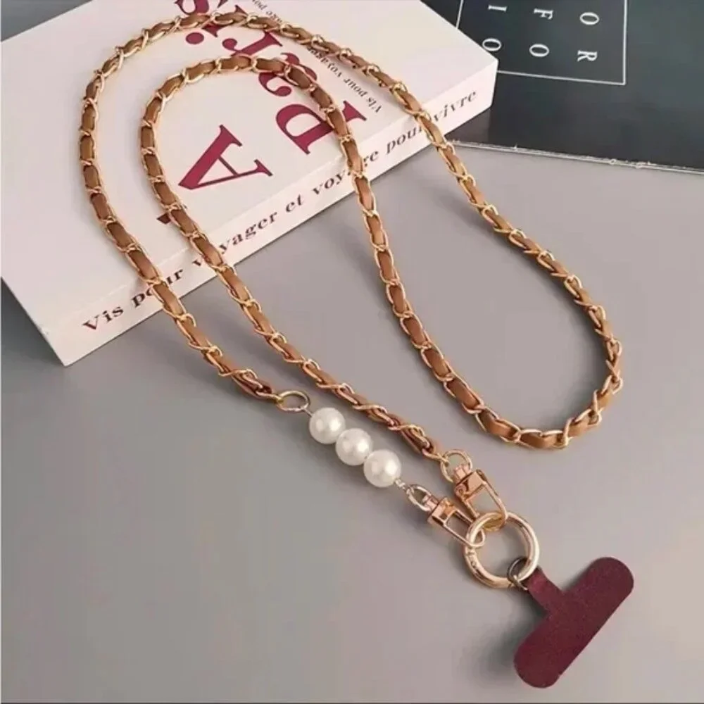 Tan Faux Pearl & Leather Chain Crossbody Phone Lanyard NEW